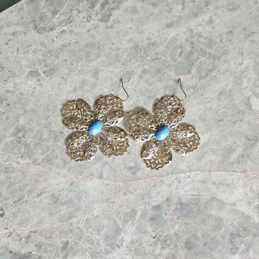 Vintage filigree‎ ornate dangle earrings gold tone blue plastic cabochon